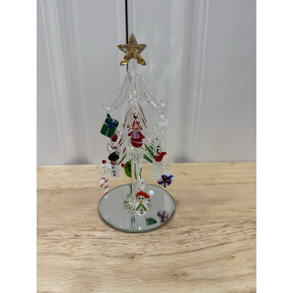 Clear Glass Christmas Tree w/ Mirror Base & 12 Mini Ornaments 6.25" w/ Box